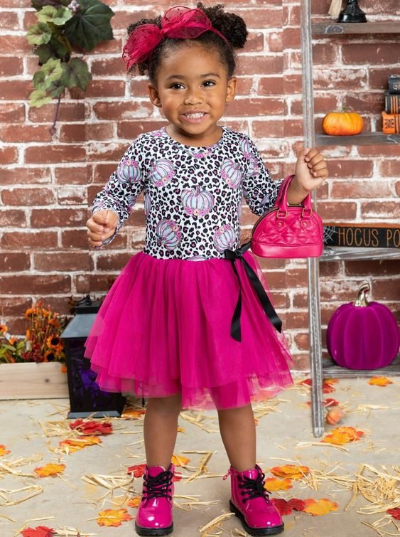 (Custom Design MOQ 5) Leopard pumpkin top hot pink tulle girls fall dress