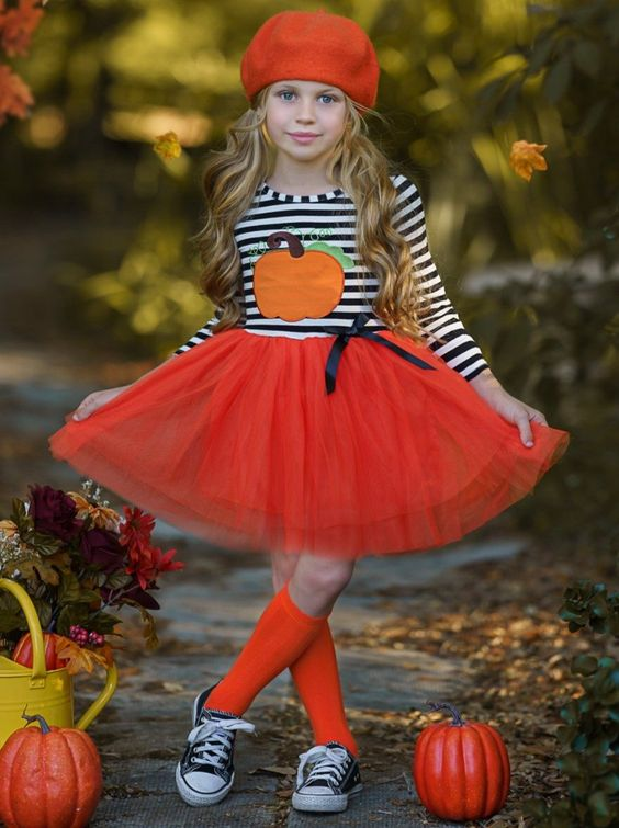 (Custom Design MOQ 5) Pumpkin black stripes top orange tulle girls fall dress