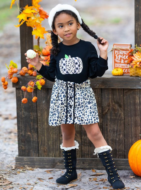 (Custom Design MOQ 5) Black leopard pumpkin girls fall skirts outfits