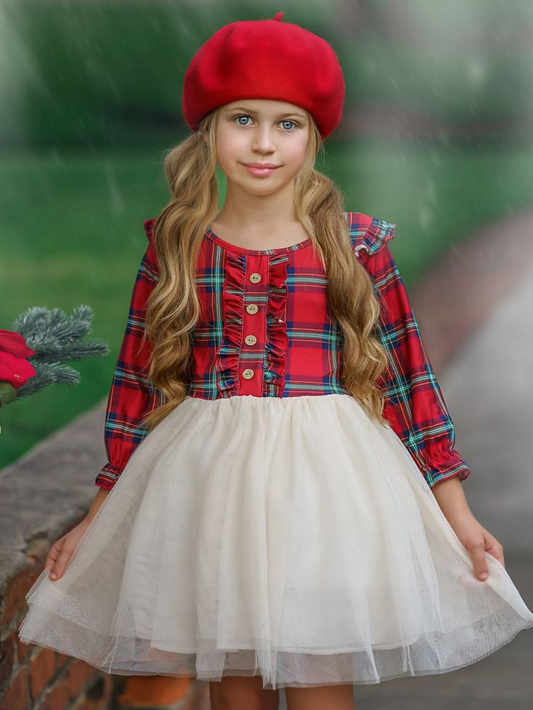 (Custom Design MOQ 5) Red plaid top white tulle girls Christmas dress