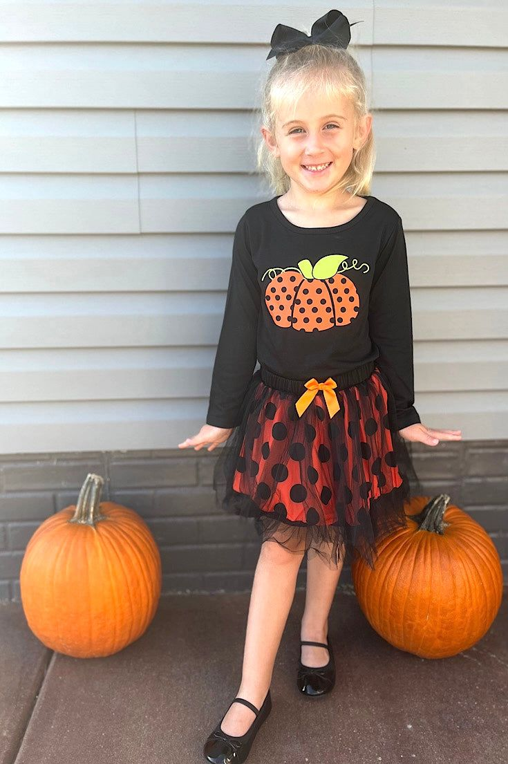 (Custom Design MOQ 5) Pumpkin top black tulle skirts girls fall clothes set