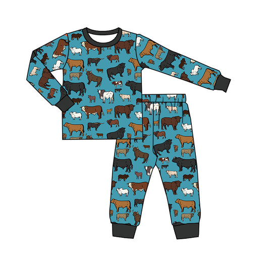 (Custom Design MOQ 5) Kids blue cow western fall pajamas