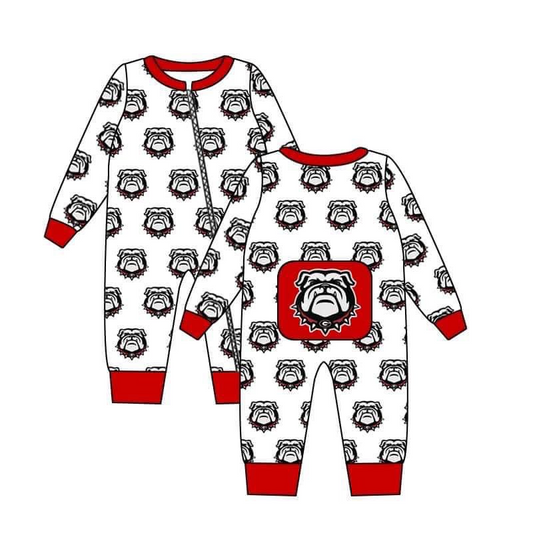 (Custom Design MOQ 5) Red bulldog football team baby boys zipper romper