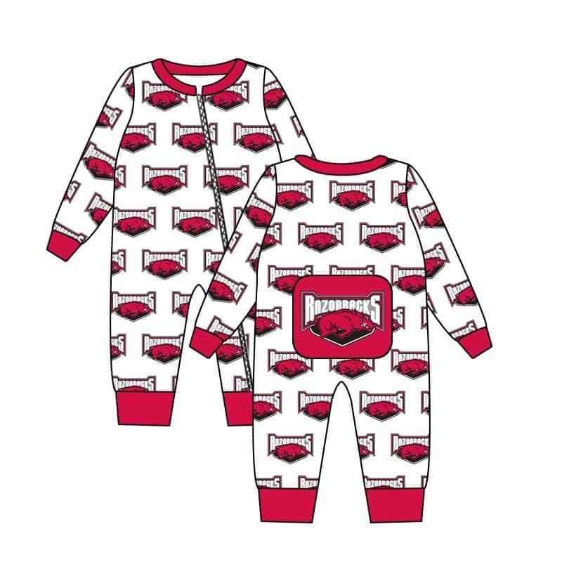 (Custom Design MOQ 5) Red football team baby boys zipper romper