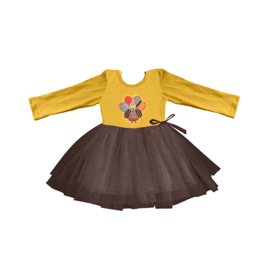 (Custom Design MOQ 5) Turkey yellow top brown tulle girls Thanksgiving dress