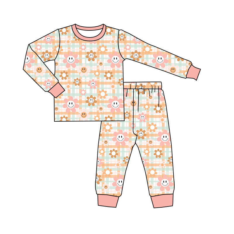 (Custom Design MOQ 5) Pink orange flowers print girls pajamas