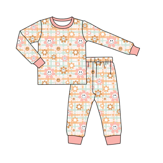 (Custom Design MOQ 5) Pink orange flowers print girls pajamas