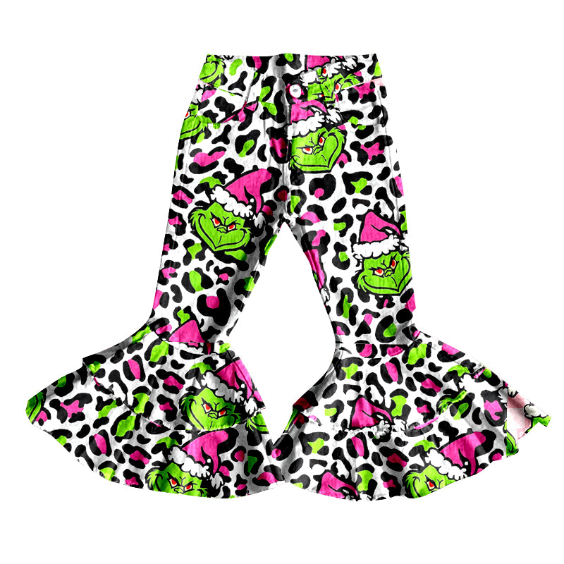 (Custom Design MOQ 5)Girls pink Christmas frog print denim bell bottom jeans