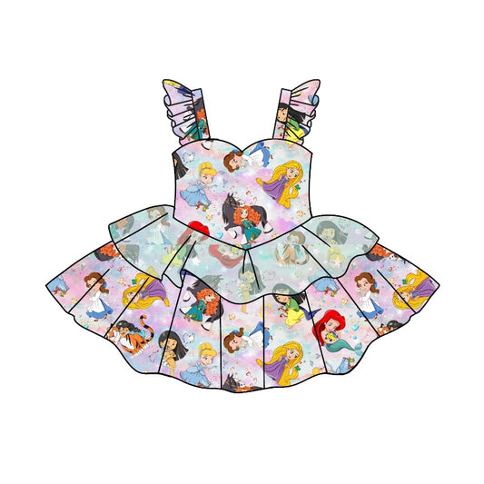 (Custom Design MOQ 5) Cartoon princess print tulle girls dress