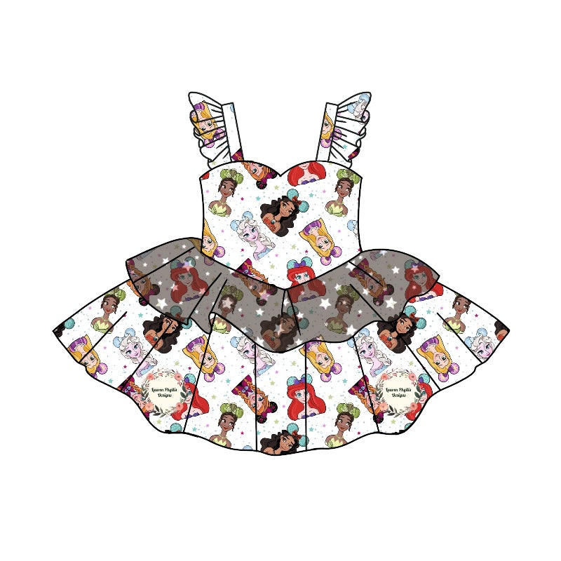 (Custom Design MOQ 5) Cartoon princess print black tulle girls dress