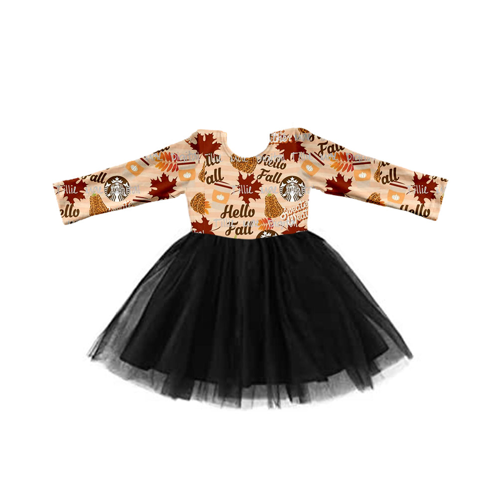 (Custom Design MOQ 5) Hello fall pumpkin top black tulle girls dress