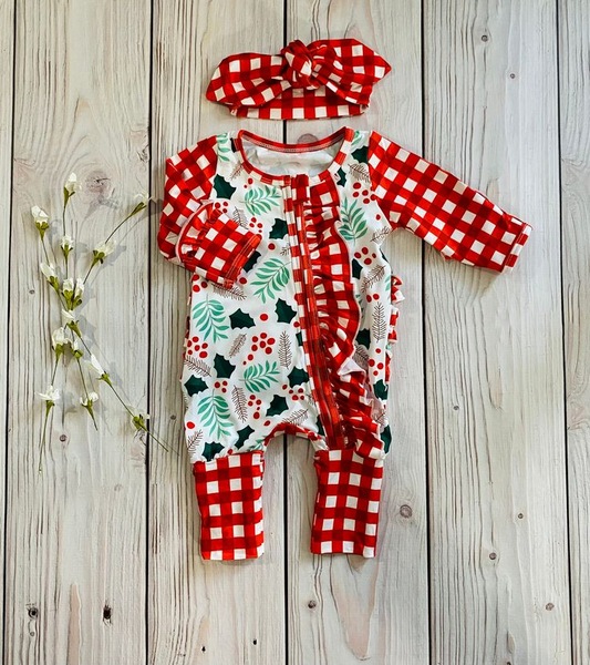 (Custom Design MOQ 5)  Red plaid Christmas design baby girls ruffles zipper romper