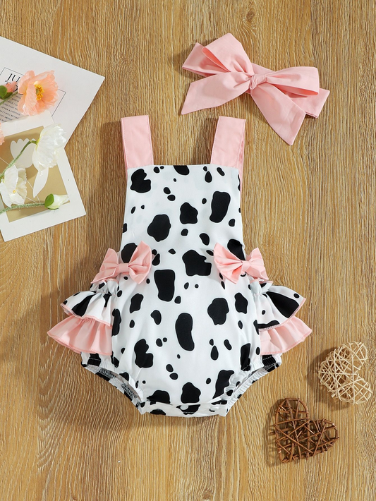 (Custom Design MOQ 5)  Black cow print pink ruffles baby girls bubble romper