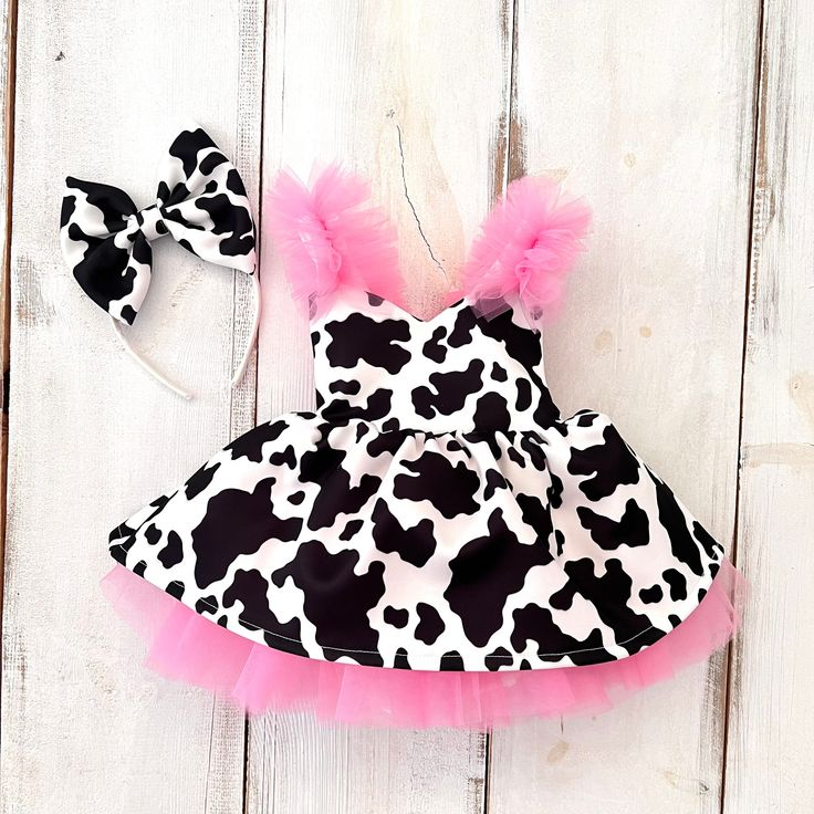 (Custom Design MOQ 5) Black cow print pink tulle baby girls knee length dress