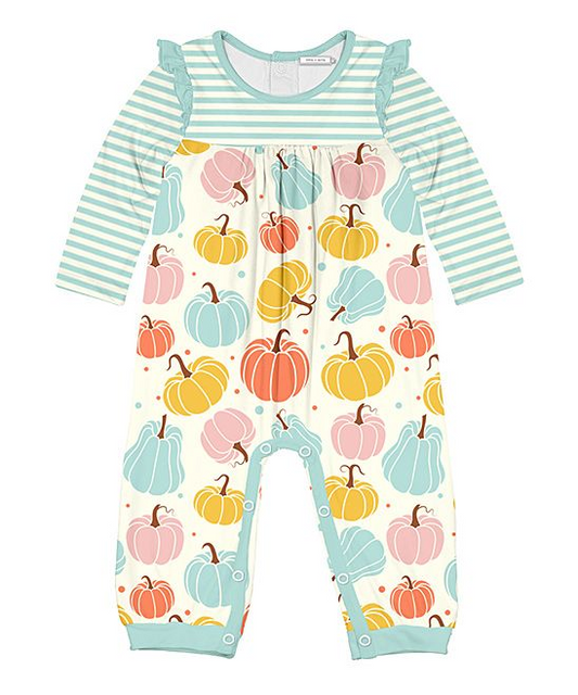 (Custom Design MOQ 5)  Aqua pumpkin print baby girls fall romper