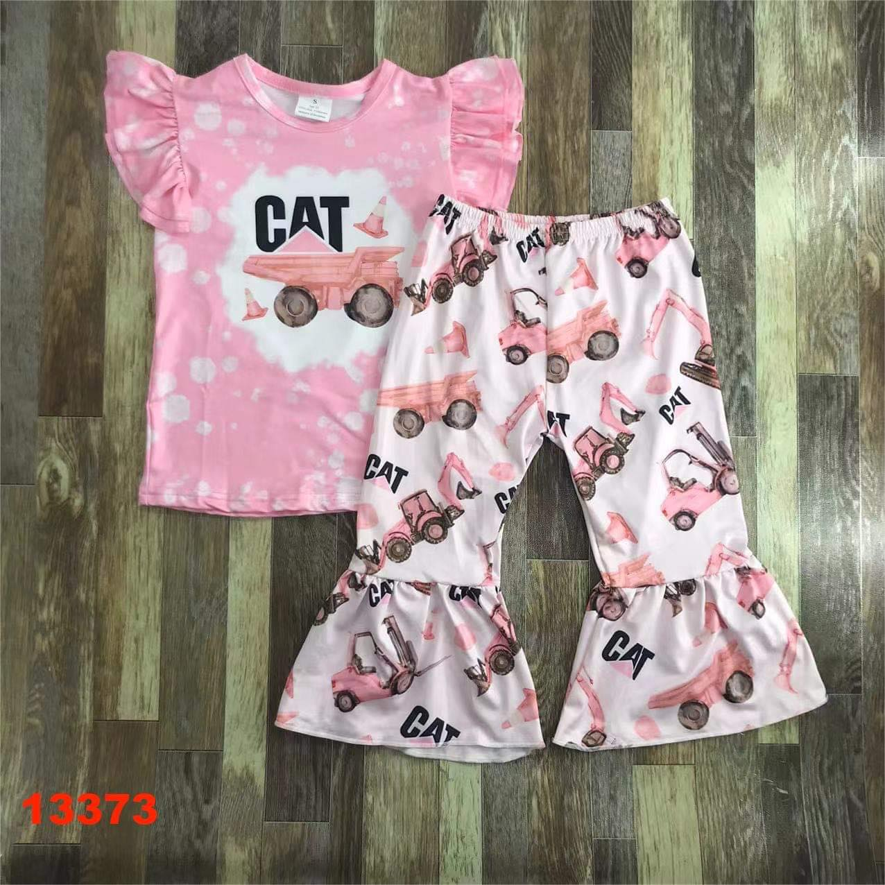 (Custom Design MOQ 5) Girls pink construction print bell pants clothing sets