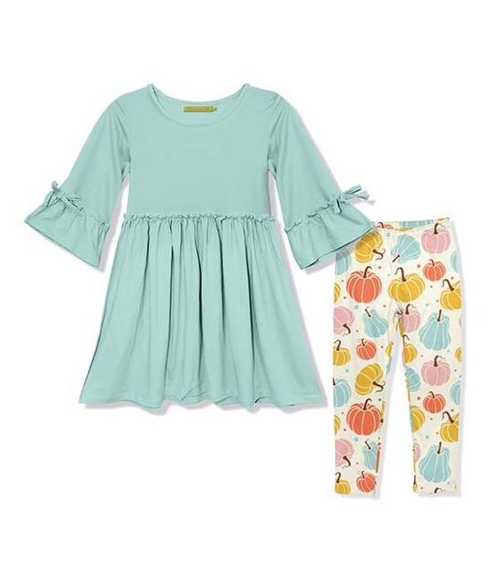 (Custom Design MOQ 5) Aqua tunic top pumpkin legging pants girls fall clothes set