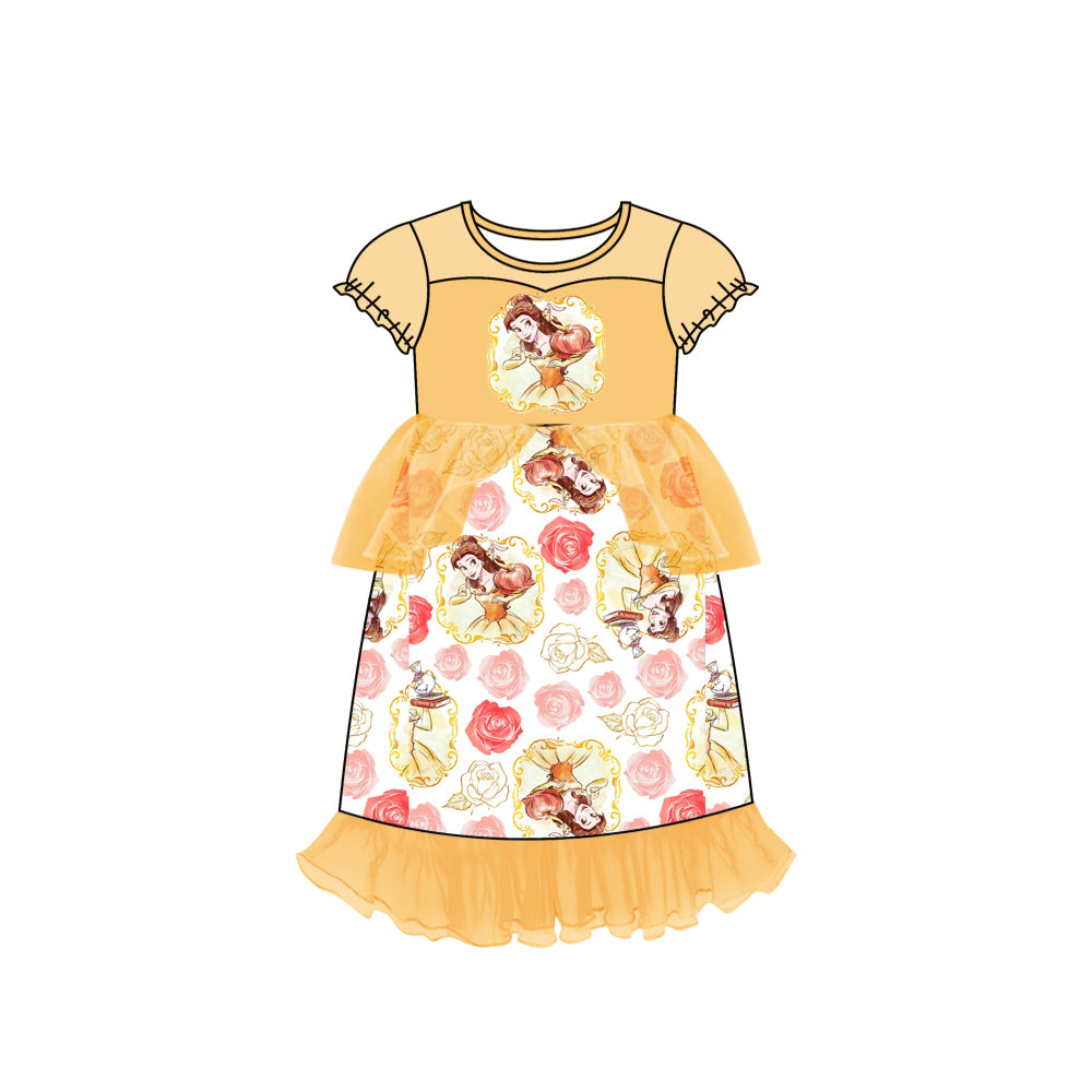 (Custom Design MOQ 5) Yellow cartoon princess with pumpkin print tulle dress