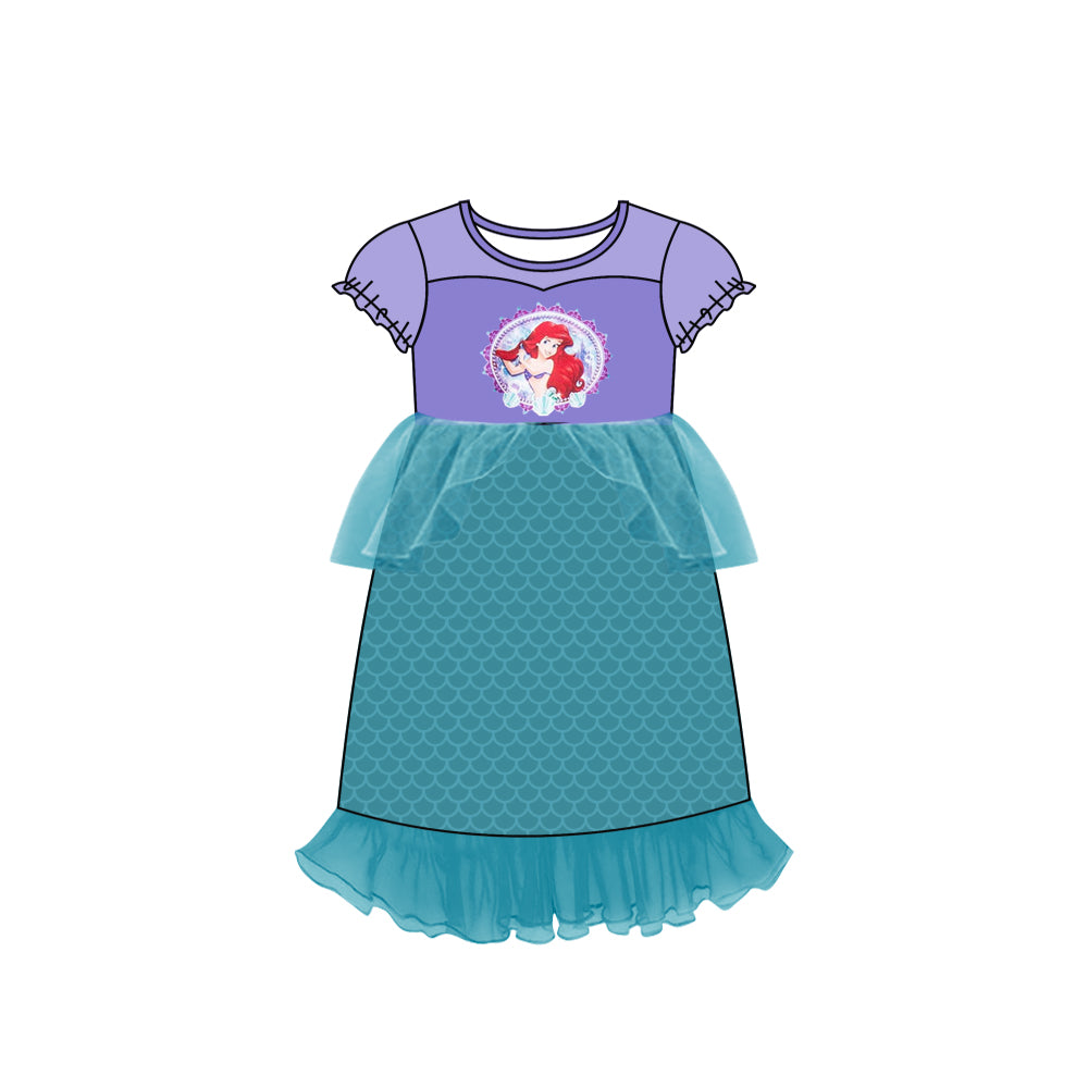 (Custom Design MOQ 5) Purple cartoon princess with mermaid scale print tulle dress