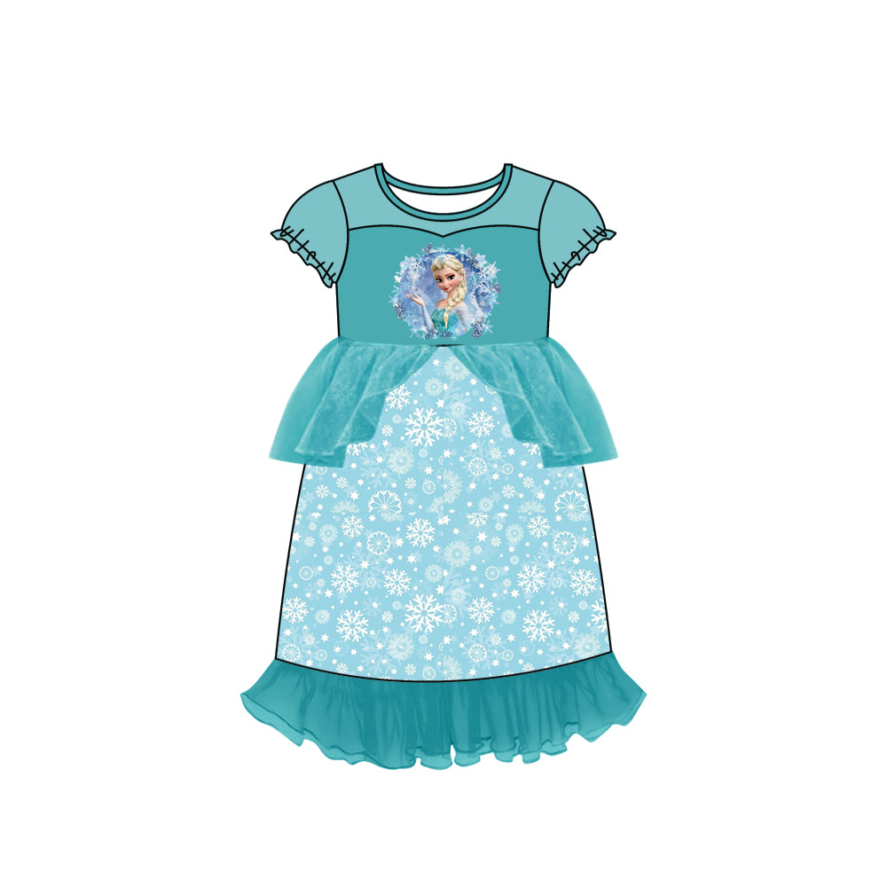 (Custom Design MOQ 5) Blue cartoon princess with snowflake print tulle dress