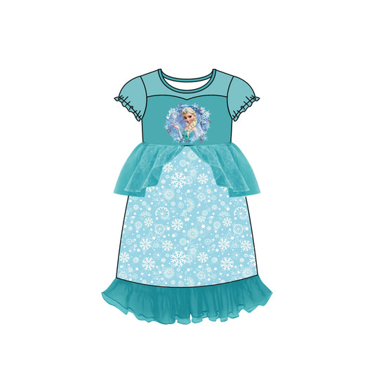 (Custom Design MOQ 5) Blue cartoon princess with snowflake print tulle dress