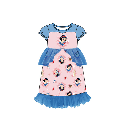 (Custom Design MOQ 5) Blue cartoon princess with apple print tulle dress