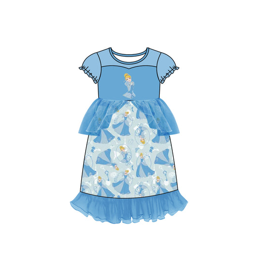 (Custom Design MOQ 5) Blue cartoon princess tulle dress