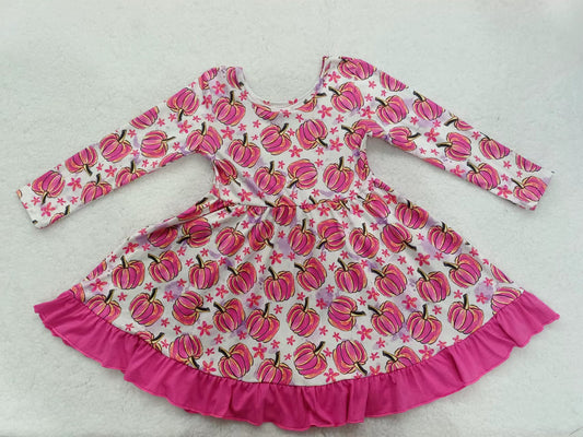 (Custom Design MOQ 5) Hot pink pumpkin print knee length dress