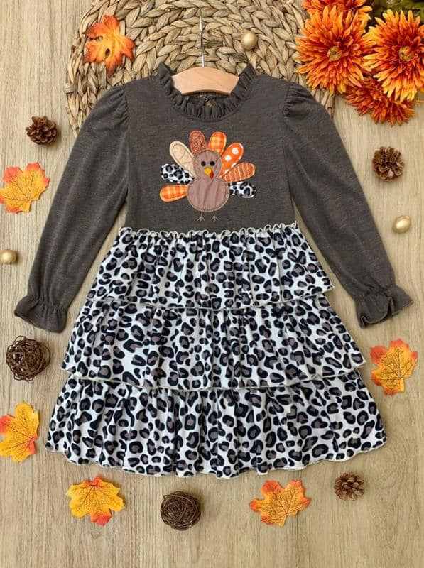 (Custom Design MOQ 5) Turkey leopard knee length ruffles Thanksgiving dress