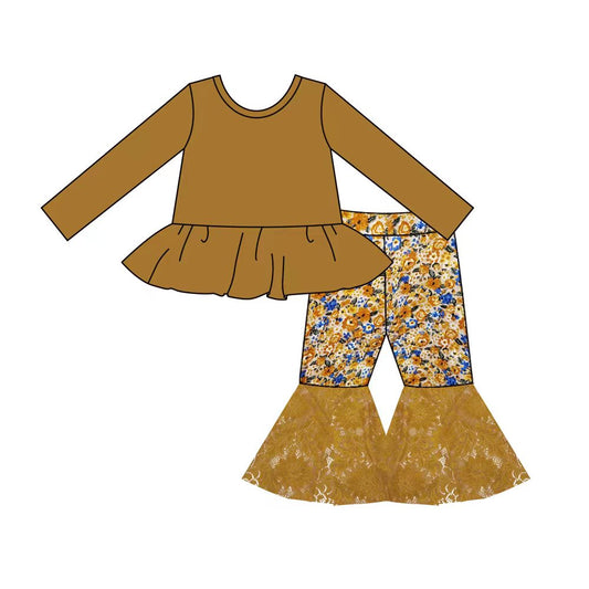 (Custom Design MOQ 5) Mustard flowers print girls bell pants fall clothes set