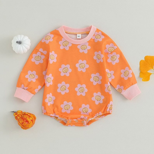 (Custom Design MOQ 5) Baby girls orange pumpkin flowers print fall rompers