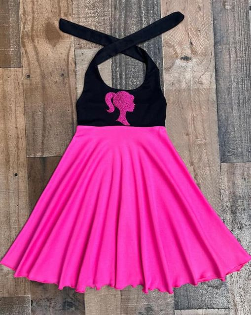 (Custom Design MOQ 5) Pink BA print halter black top hot pink bottom knee length dress