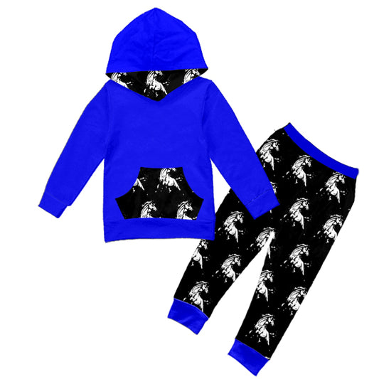 (Custom Design MOQ 5) Boys football team's blue hoodie top fall clothes set