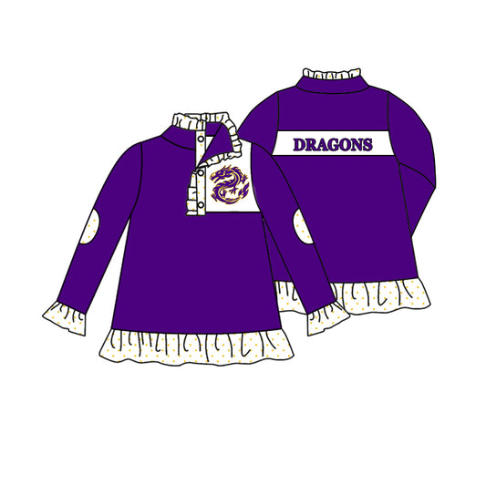 (Custom Design MOQ 5) Girls purple long sleeve button pullover shirts