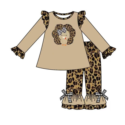 (Custom Design MOQ 5) Turkey leopard print girls Thanksgiving clothes set