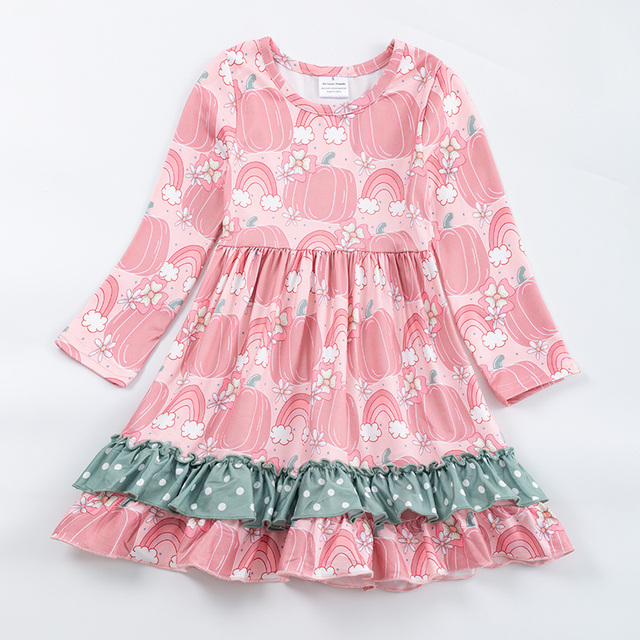 (Custom Design MOQ 5) Pink pumpkin print girls knee length dress