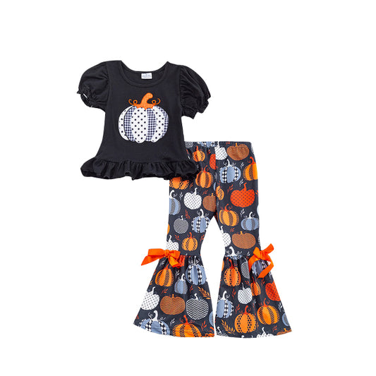 (Custom Design MOQ 5) Pumpkin print girls bell pants fall clothes set
