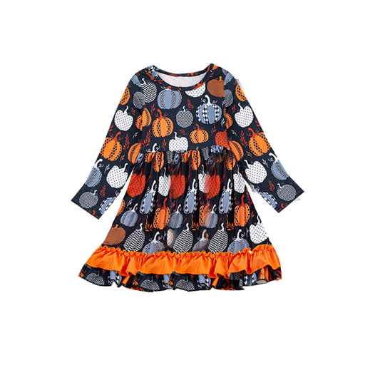 (Custom Design MOQ 5) Pumpkin print girls knee length dress