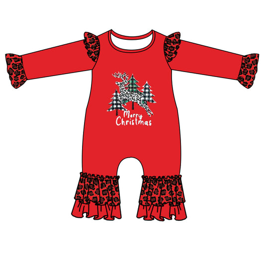 (Custom Design MOQ 5) Red Merry Christmas tree and deer print baby girls romper