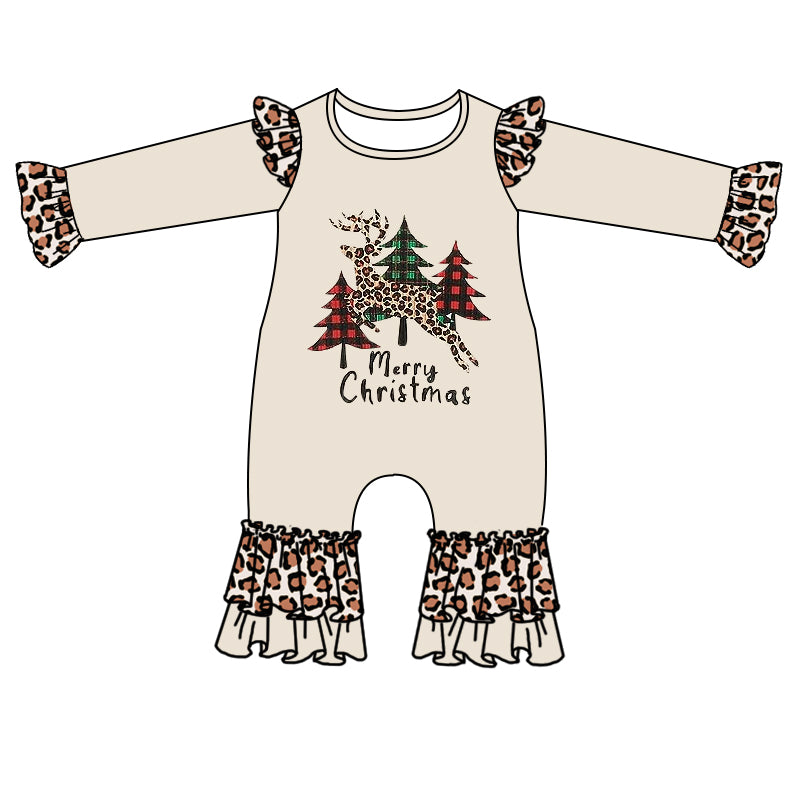 (Custom Design MOQ 5) Merry Christmas leopard tree and deer print baby girls romper