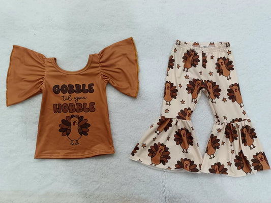 (Custom Design MOQ 5) Brown turkey print girls Thanksgiving clothes set