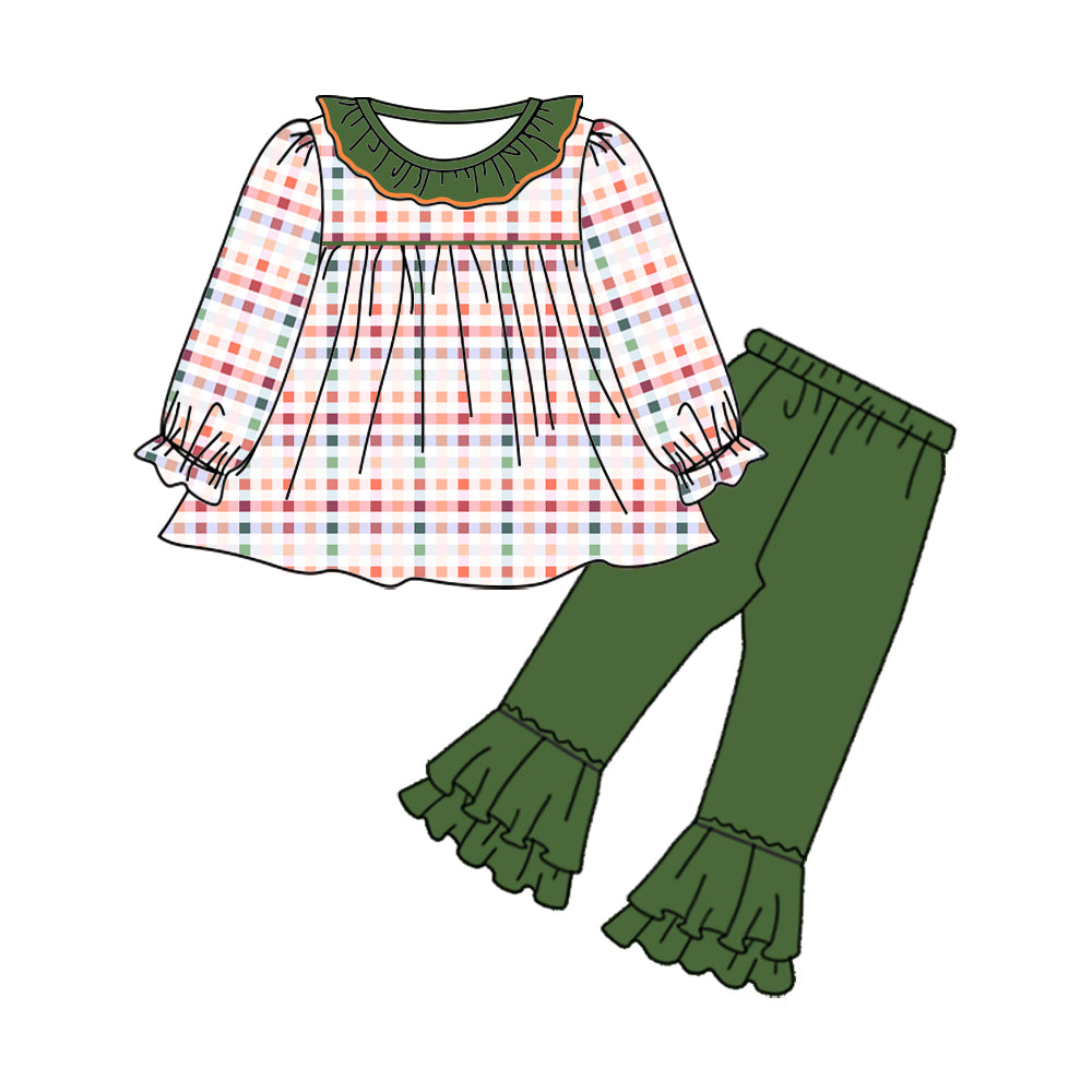 (Custom Design MOQ 5)  Fall plaid tunic top green legging ruffles pants girls clothes set