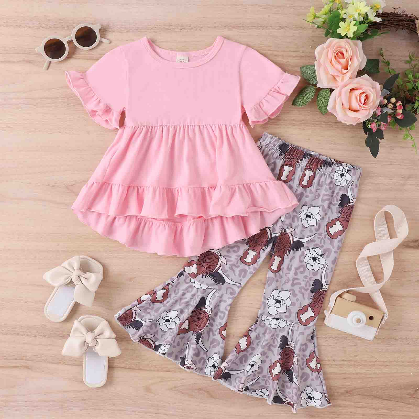 (Custom Design MOQ 5)  Pink top highland cow bell pants girls western clothes set