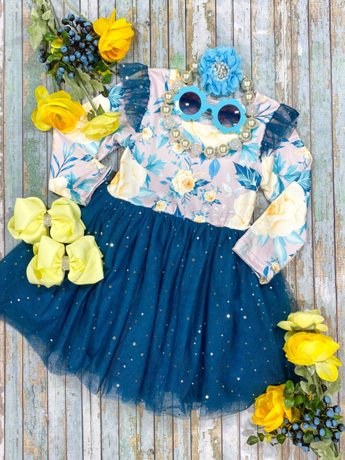 (Custom Design MOQ 5)  Knee length flowers blue tulle dress