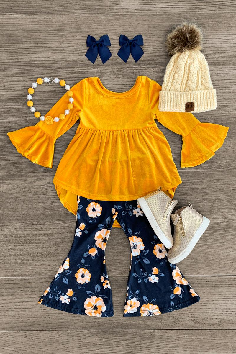 (Custom Design MOQ 5)  Mustard velvet tunic top flowers bell pants girls fall clothes set