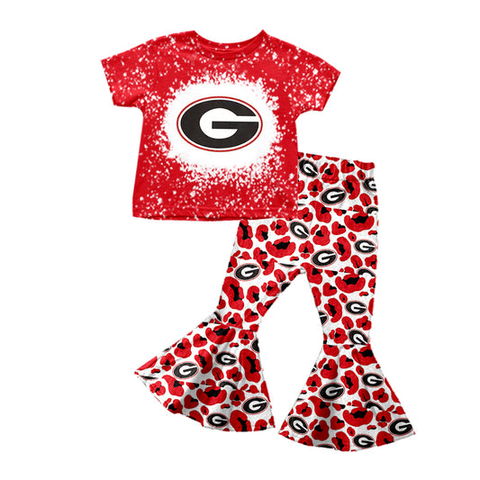 (Custom Design Preorder MOQ 5) Red G GEORGIA Football Team's Leopard Bell Pants Girls Clothes Set