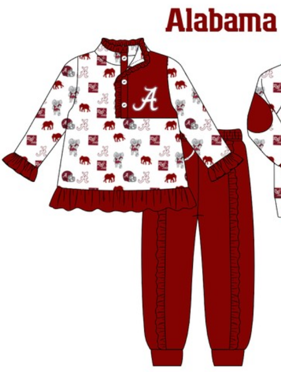 (Custom Design Preorder MOQ 5) Wine Alabama print button pullover shirts ruffle pants fall clothes set