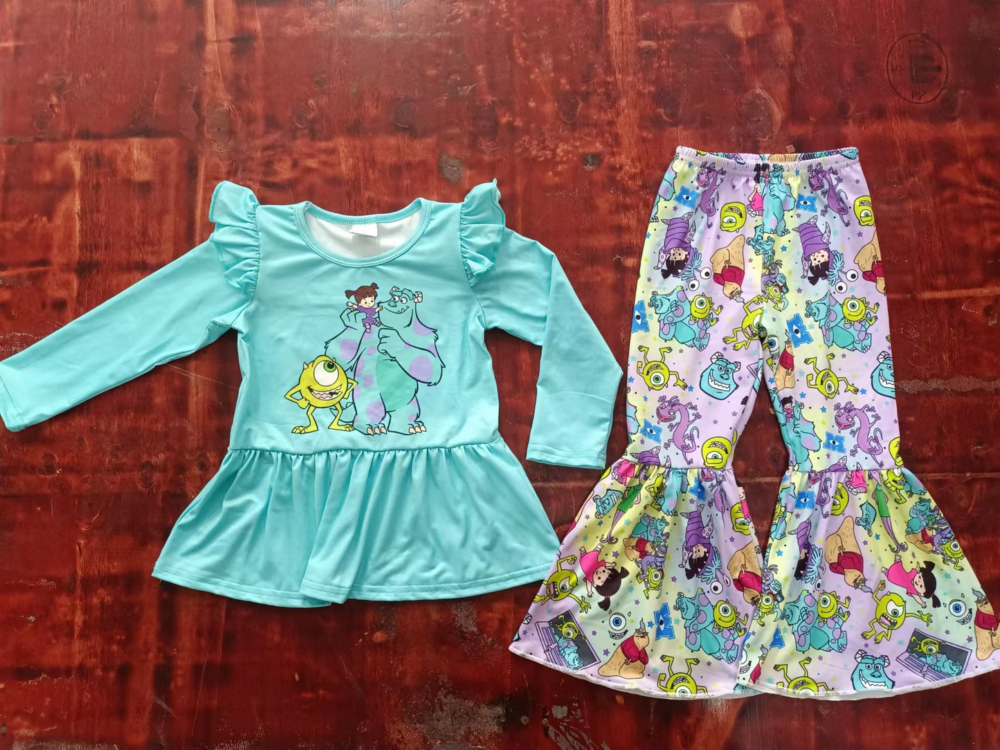 (Custom Design MOQ 5)  Cartoon monster bell pants girls clothes set