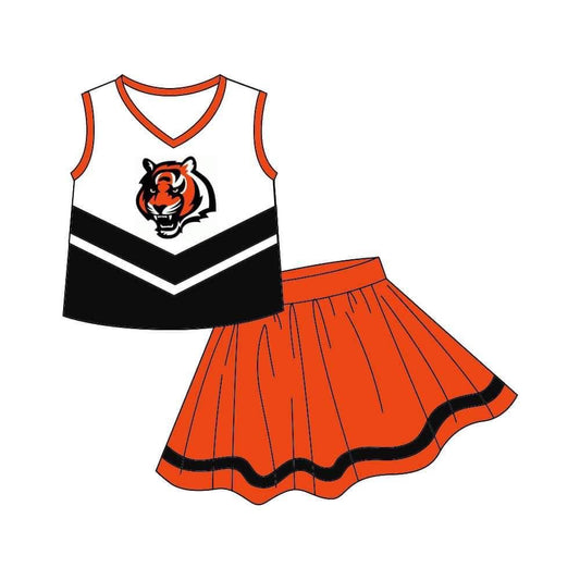 (Custom Design MOQ 5) Girls Orange Tiger Football Team's Print Skirts Clothes Set