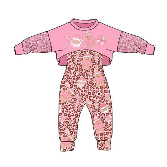 (Custom Design MOQ 5) Pink Leopard Gingersnap Girls Jumpsuits Clothes Set